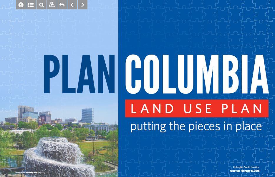 Image of the cover of the Plan Columbia Land Use Plan, which has a puzzle piece motif, and contains a image of the fountain at Finlay Park to the left. Text reads: Plan Columbia Land Use Plan putting the pieces in place.