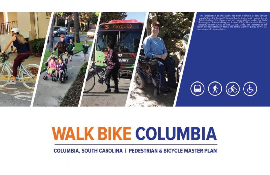 Image of the cover the Walk Bike Columbia Pedestrian & Bicycle Master Plan. The cover includes photos of a woman riding a bike, a family walking along a sidewalk with a double stroller, a woman unloading her bike from the COMET bus bike rack, and a woman in a wheelchair. Icons for a bus, a pedestrian, a bicyclist, and a wheelchair user are also included in white on a blue background. The title of the plan is listed below the photos and icons.