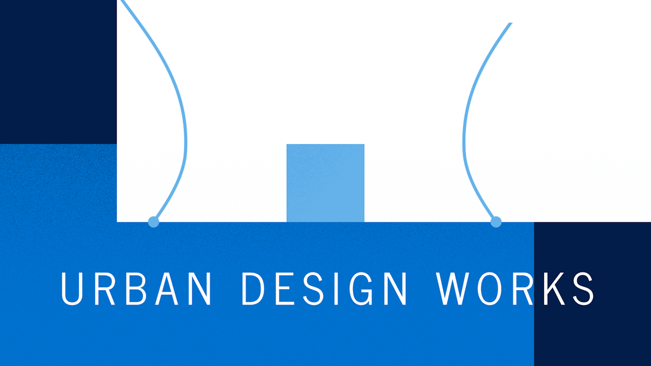 Image export from the urban design works development deep dive intro. The image has varying shades of blue and white arranged in a geometric pattern, with "urban design works" written in white in the lower third of the image.
