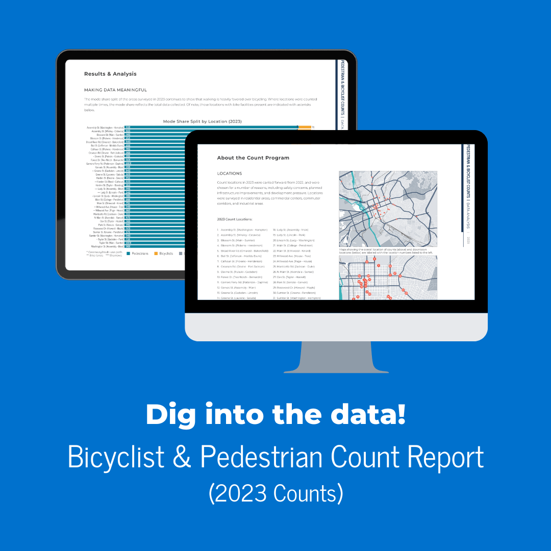 graphic showing excerpts of the 2023 Pedestrian & Bicyclist report in illustrations representing a computer screen and a tablet screen, against a blue background