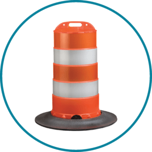 image of a traffic drum set against a white circular background with a dark teal outer border.