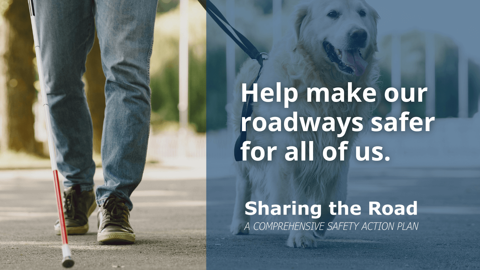 White text on a translucent blue background reads “help make our roadways safer for all of us”. A photo in the background shows a a person's legs and their use of an assistive cane and a guide dog. Logo text reads: “Sharing the Road A Comprehensive Safety Action Plan”