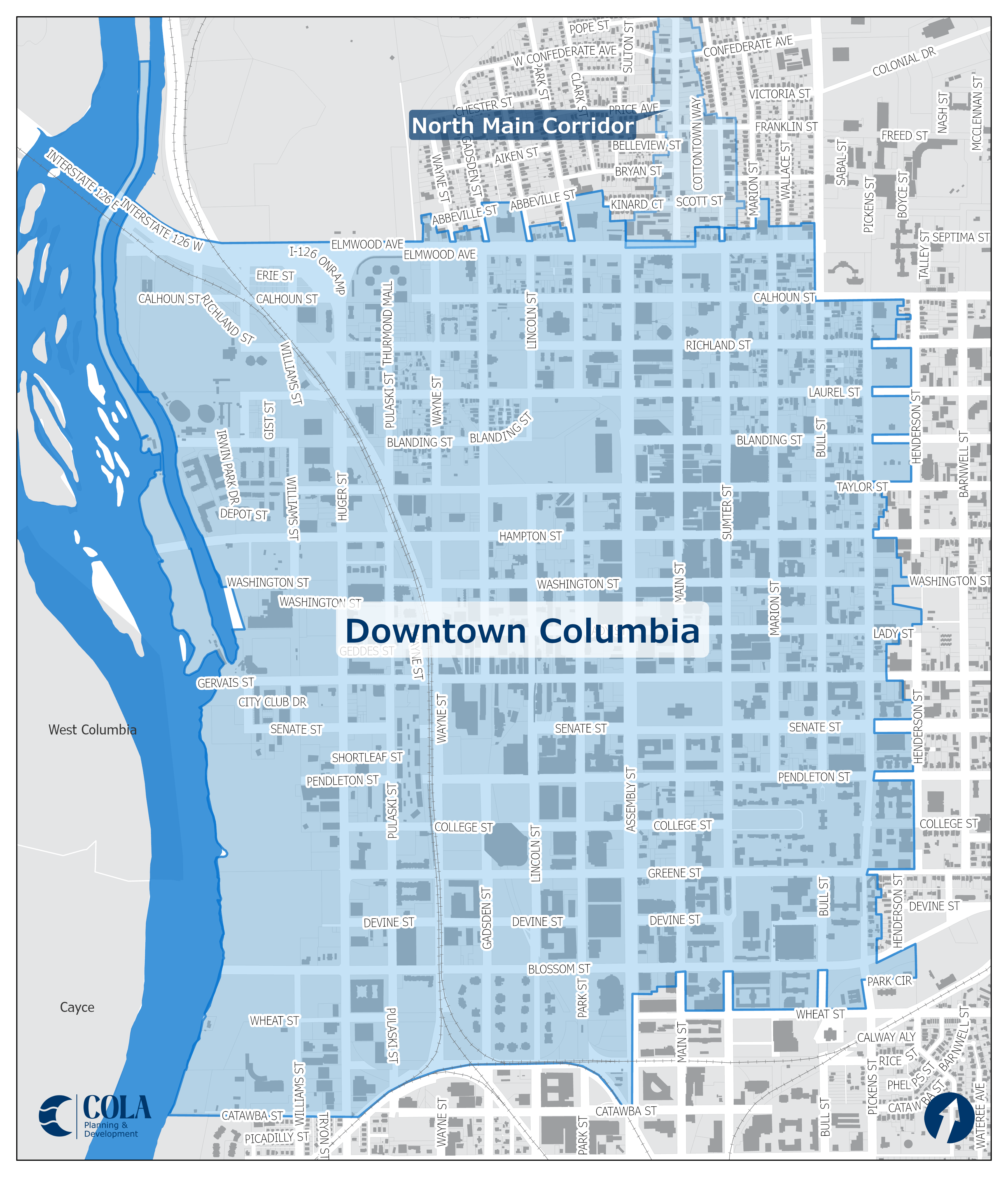Illustrative map of the Downtown Columbia Design Overlay District; the district is shown in light blue against a light grey background.