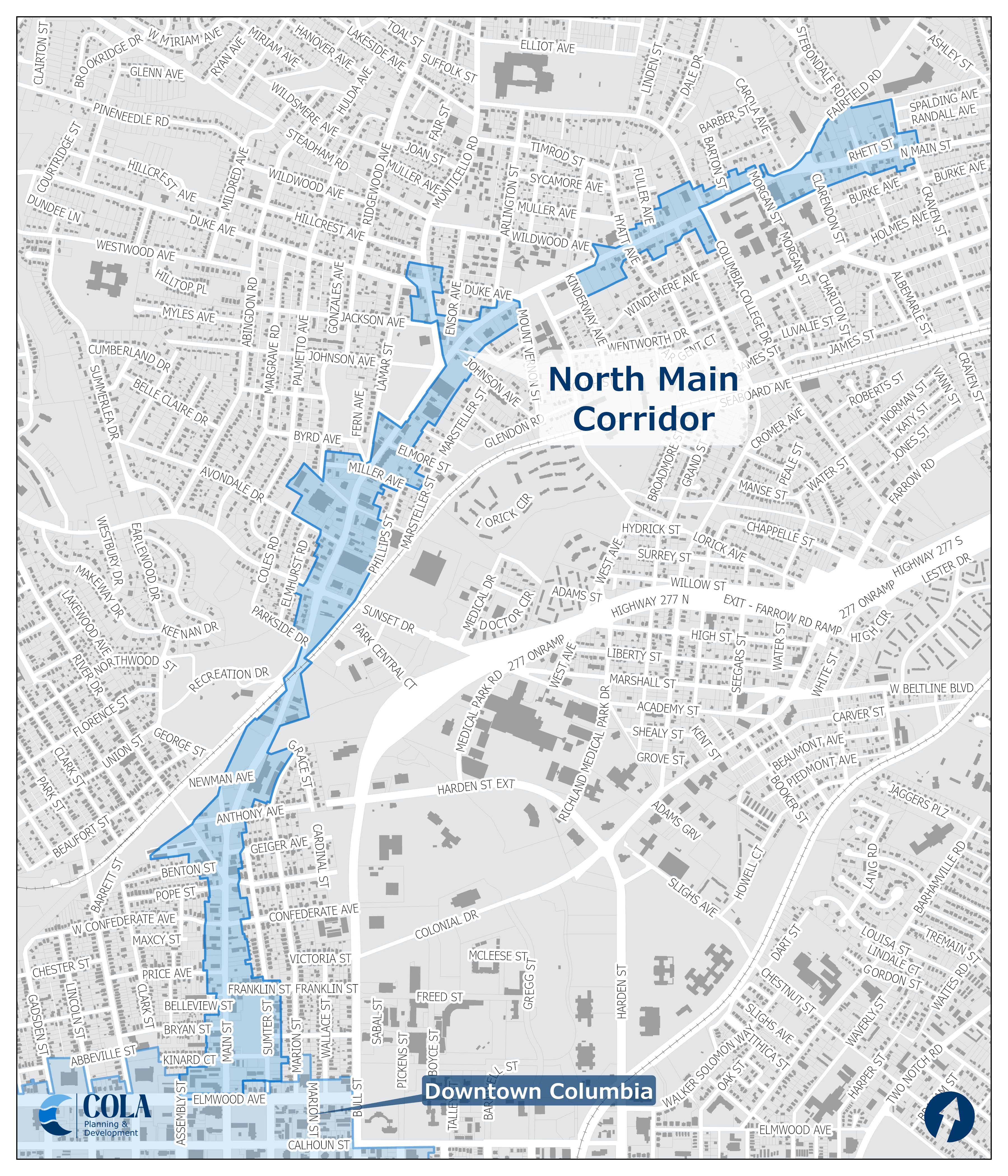 Illustrative map of the North Main Corridor Design Overlay District; the district is shown in light blue against a light grey background.