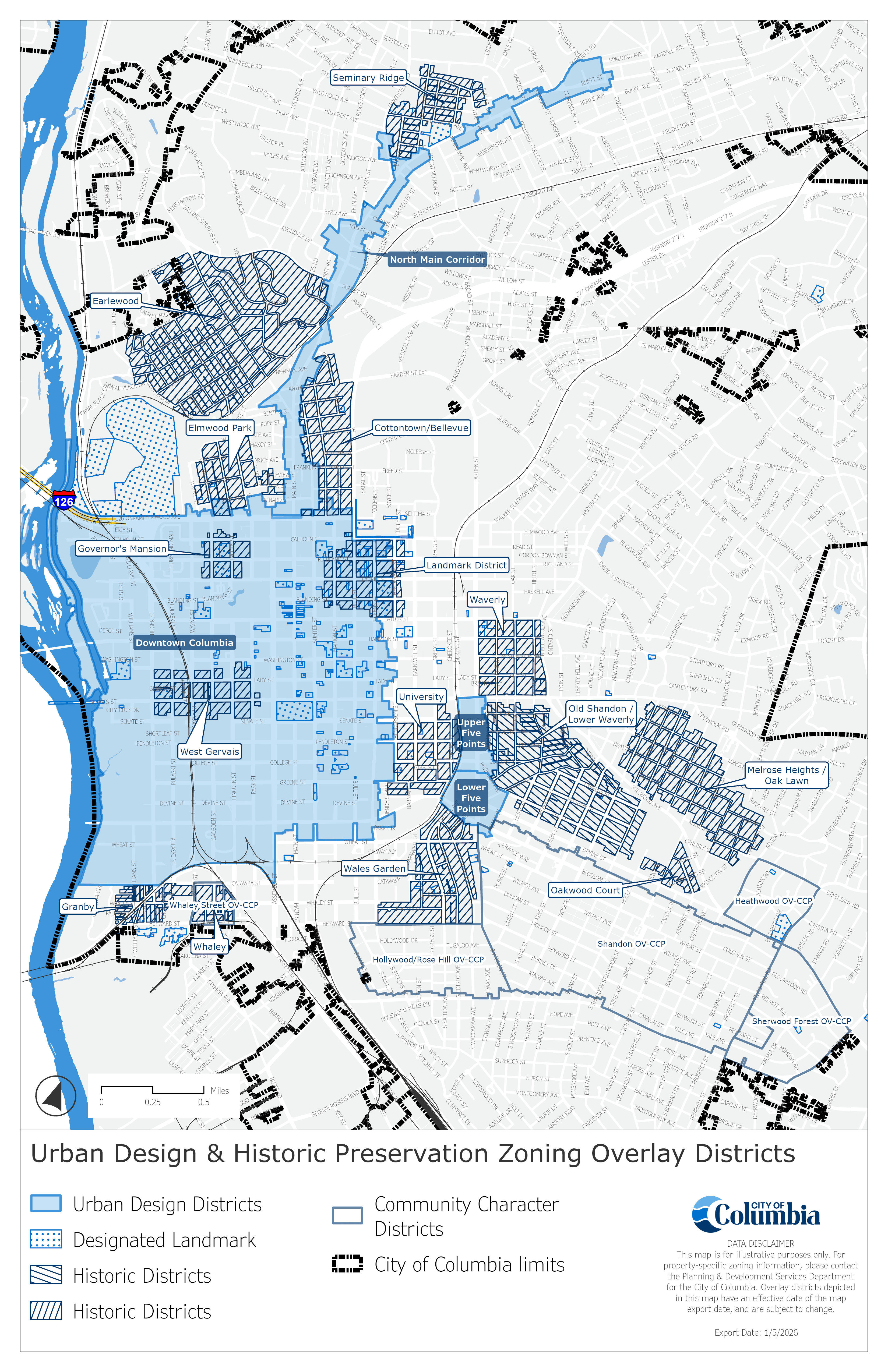 a map of the urban design and historic preservation zoning overlay districts, with urban design districts in solid light blue, historic preservation districts in navy cross hatching, individual landmarks in blue with dots, and community character districts outlined in navy blue.